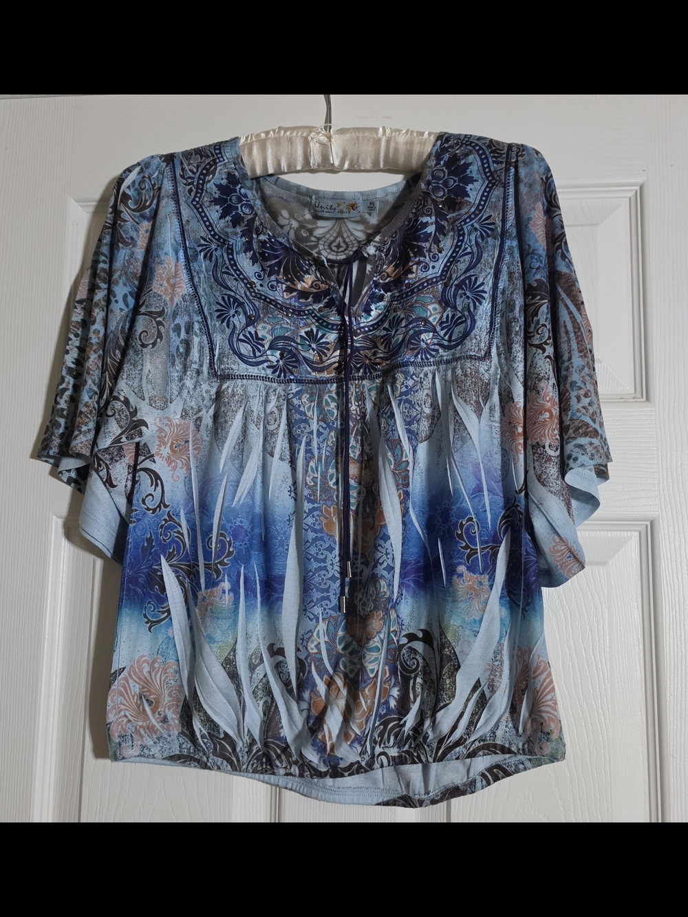 Unity World Wear Blue Multi-Print Peasant Blouse with Tassel Tie